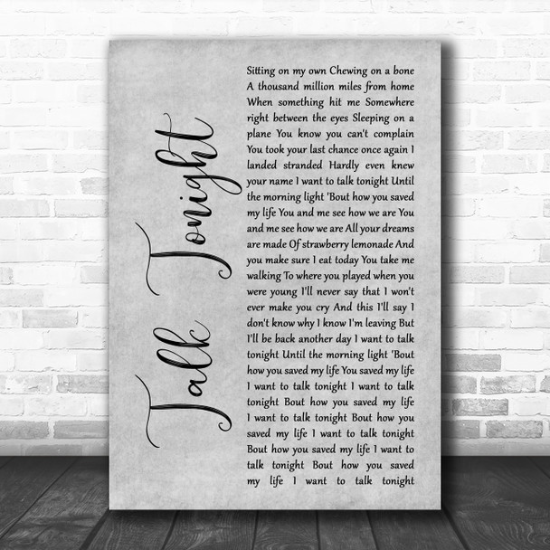 Oasis Talk Tonight Grey Rustic Script Song Lyric Print