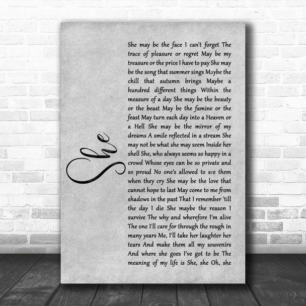 Elvis Costello She Rustic Script Grey Song Lyric Print