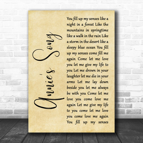 John Denver Annie's Song Rustic Script Song Lyric Print