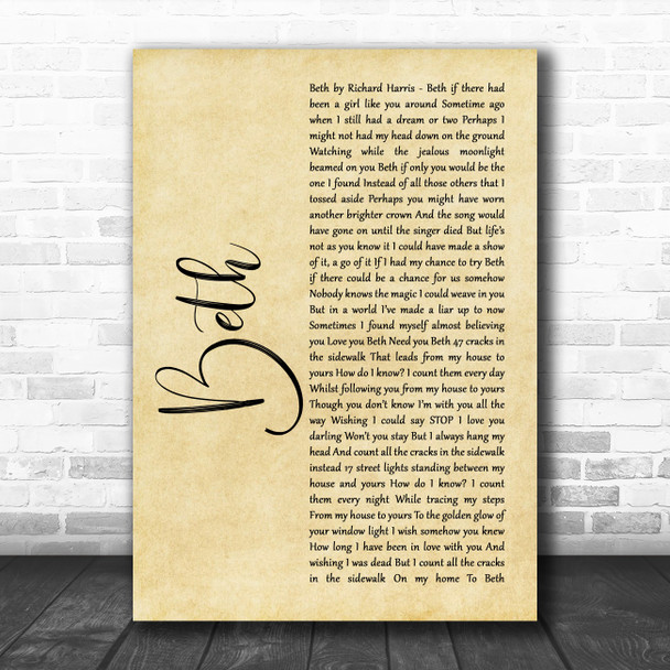 Richard Harris Beth Rustic Script Song Lyric Print