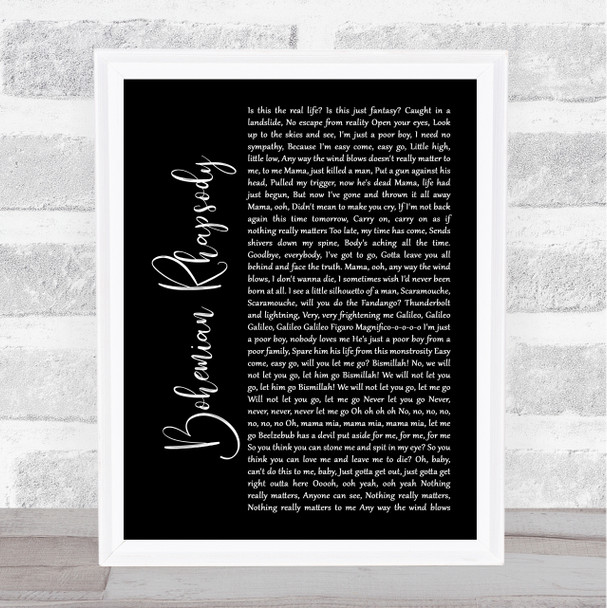 Queen Bohemian Rhapsody Black Script Song Lyric Music Wall Art Print