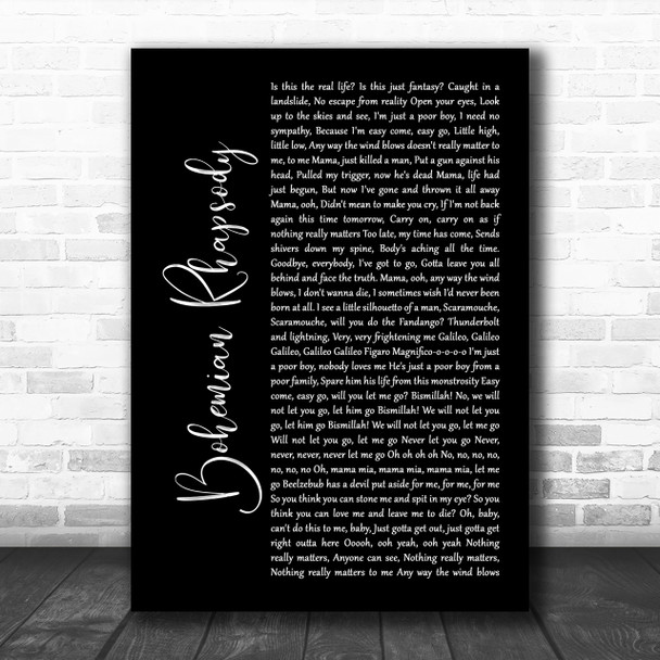 Queen Bohemian Rhapsody Black Script Song Lyric Music Wall Art Print