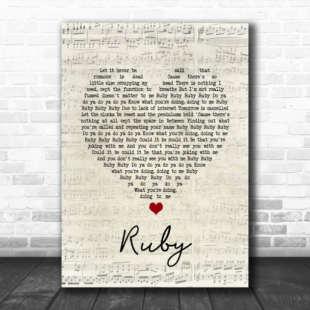 Kaiser Chiefs Ruby Script Heart Song Lyric Print