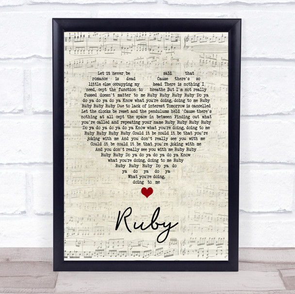 Kaiser Chiefs Ruby Script Heart Song Lyric Print