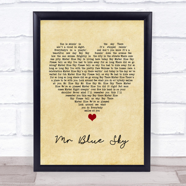 ELO Mr Blue Sky Vintage Heart Song Lyric Print