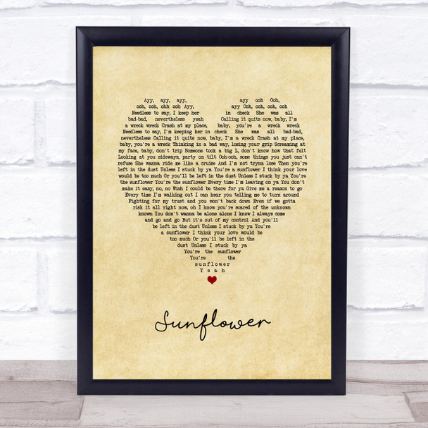 Post Malone, Swae Lee Sunflower Vintage Heart Song Lyric Print