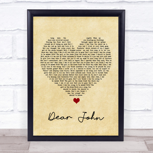 Taylor Swift Dear John Vintage Heart Song Lyric Print