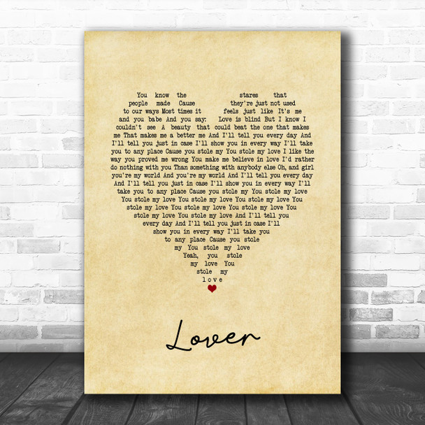 The Hunna Lover Vintage Heart Song Lyric Print