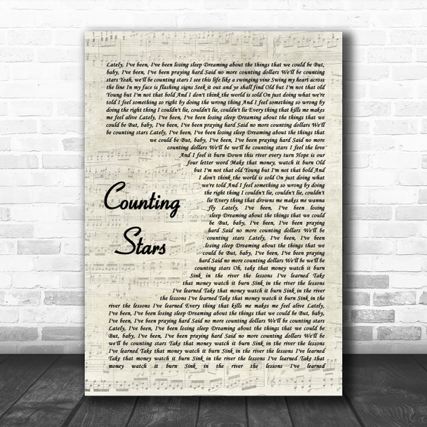 OneRepublic Counting Stars Vintage Script Song Lyric Print