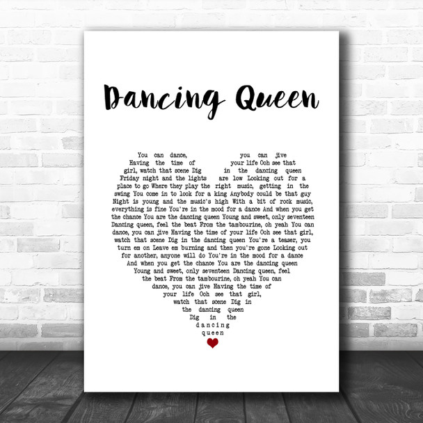 Abba Dancing Queen White Heart Song Lyric Print