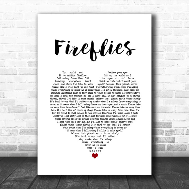 Owl City Fireflies White Heart Song Lyric Print