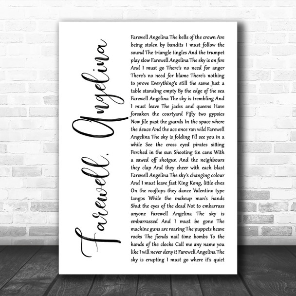 Bob Dylan Farewell, Angelina White Script Song Lyric Print
