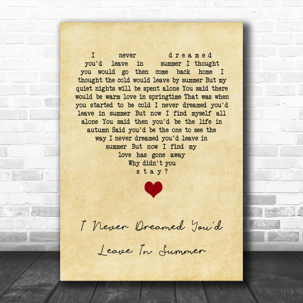 Stevie Wonder I Never Dreamed You'd Leave In Summer Vintage Heart Song Lyric Quote Music Print