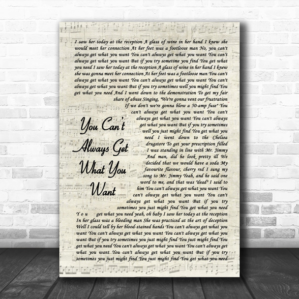 The Rolling Stones You Cant Always Get What You Want Vintage Script Song Lyric Quote Music Print