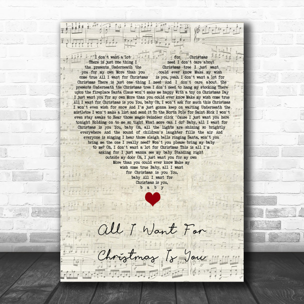 Mariah Carey All I Want For Christmas Is You Script Heart Song Lyric Quote Music Print