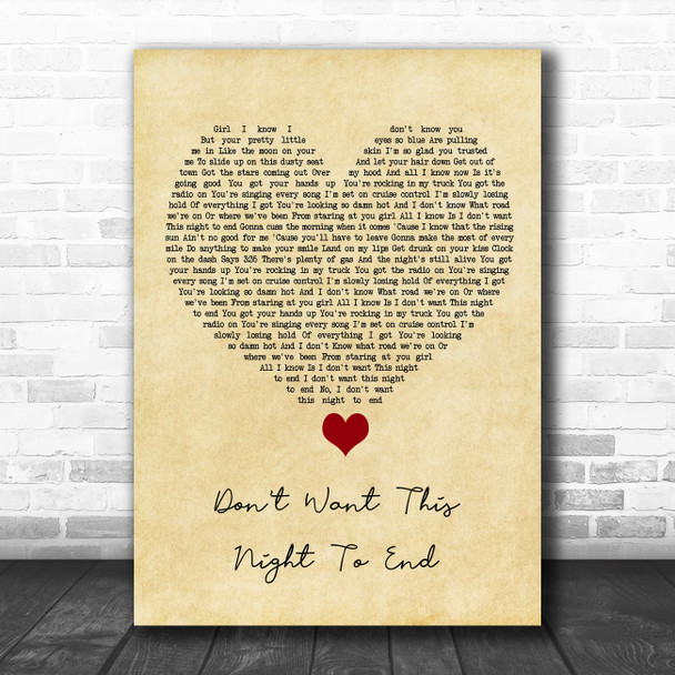 Luke Bryan Don't Want This Night To End Vintage Heart Song Lyric Quote Music Print