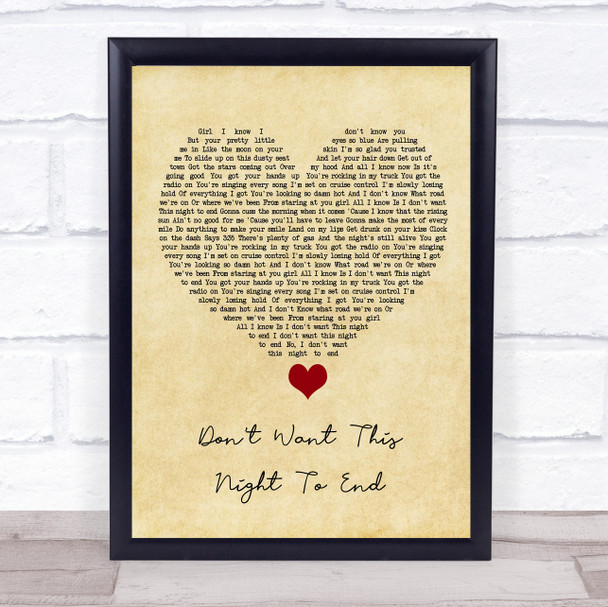 Luke Bryan Don't Want This Night To End Vintage Heart Song Lyric Quote Music Print