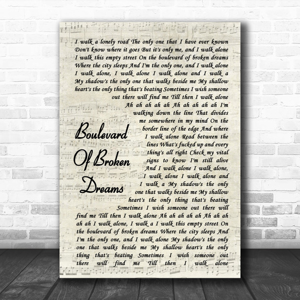 Green Day Boulevard Of Broken Dreams Vintage Script Song Lyric Quote Music Print