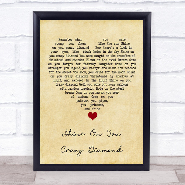 Pink Floyd Shine On You Crazy Diamond Vintage Heart Song Lyric Quote Music Print