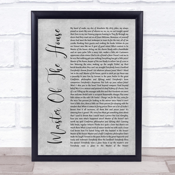 Les Miserables Cast Master Of The House Grey Rustic Script Song Lyric Quote Music Print