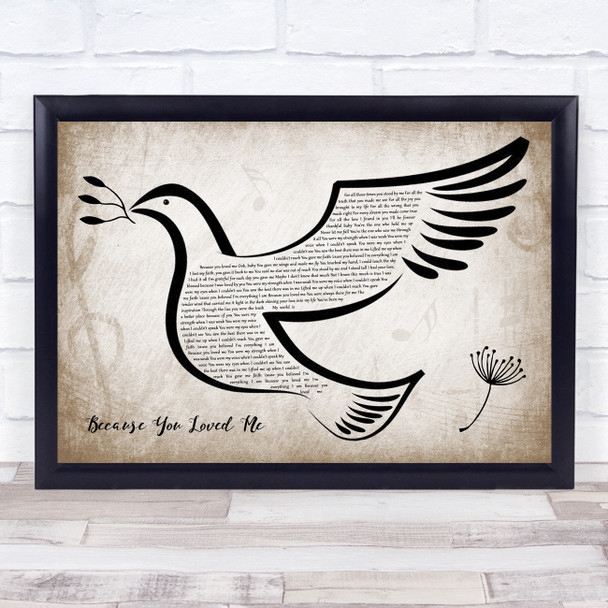 Celine Dion Because You Loved Me Vintage Dove Bird Song Lyric Quote Music Print