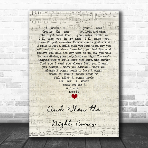 Jon and Vangelis And When the Night Comes Script Heart Song Lyric Quote Music Print