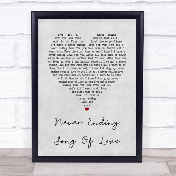 New Seekers Never ending song of love Grey Heart Song Lyric Quote Music Print