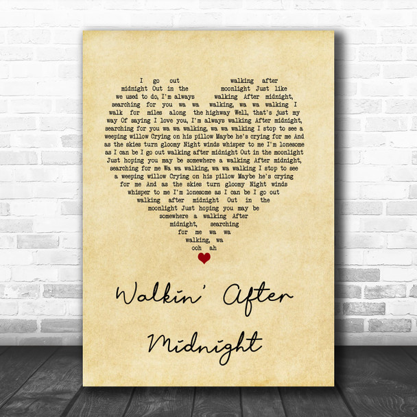 Patsy Cline Walkin' After Midnight Vintage Heart Song Lyric Quote Music Print