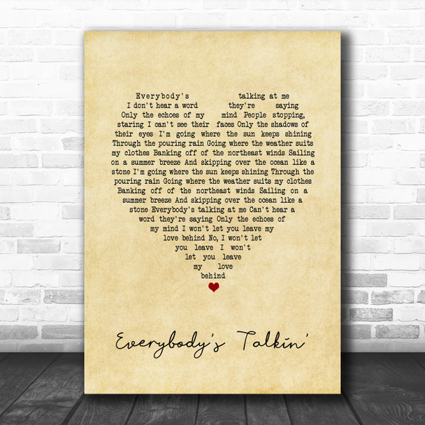 Harry Nilsson Everybody's Talkin' Vintage Heart Song Lyric Quote Music Print