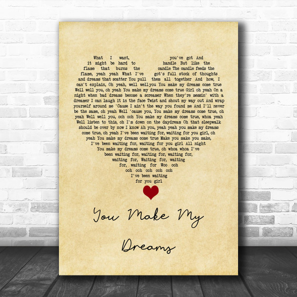 Alex Francis You Make My Dreams Vintage Heart Song Lyric Quote Music Print