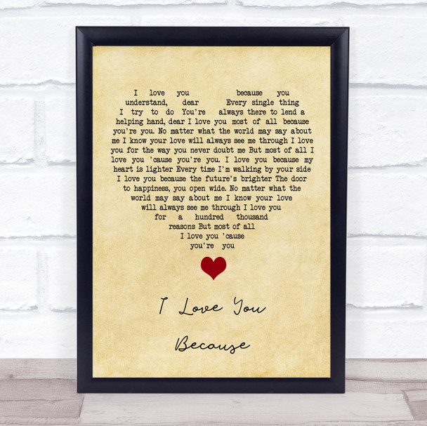 Jim Reeves I Love You Because Vintage Heart Song Lyric Quote Music Print