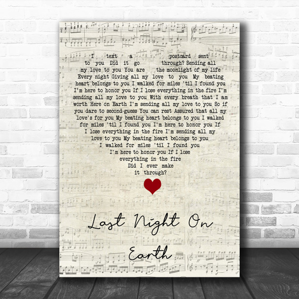 Green Day Last Night On Earth Script Heart Song Lyric Quote Music Print