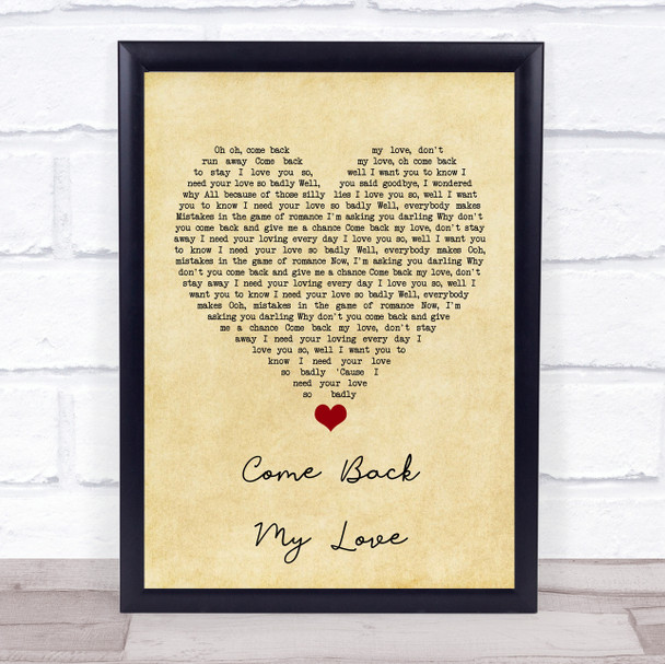 Darts Come back my love Vintage Heart Song Lyric Quote Music Print