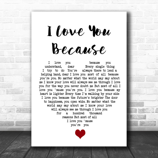Jim Reeves I Love You Because White Heart Song Lyric Quote Music Print