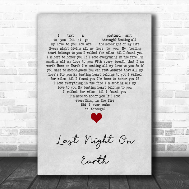 Green Day Last Night On Earth Grey Heart Song Lyric Quote Music Print