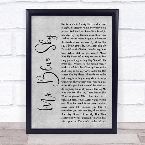 ELO Mr Blue Sky Grey Rustic Script Song Lyric Quote Music Print