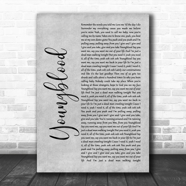 5 Seconds Of Summer Youngblood Grey Rustic Script Song Lyric Quote Music Print