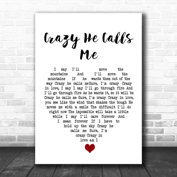 Billie Holiday Crazy He Calls Me White Heart Song Lyric Quote Music Print