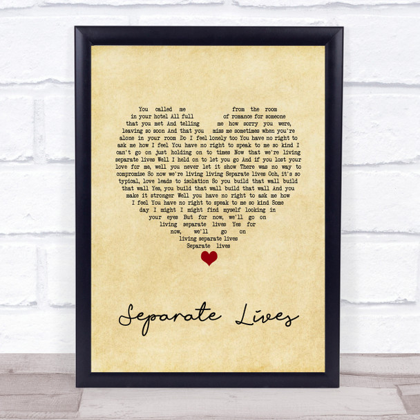 Phil Collins Separate Lives Vintage Heart Song Lyric Quote Music Print