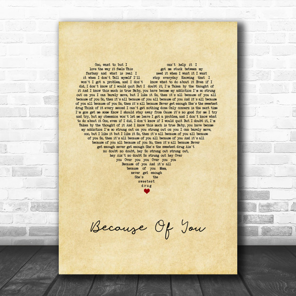 Ne-Yo Because Of You Vintage Heart Song Lyric Quote Music Print