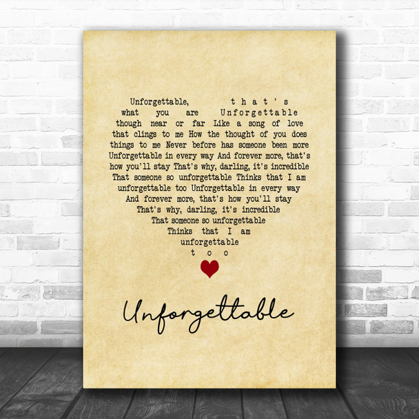 Nat King Cole Unforgettable Vintage Heart Song Lyric Quote Music Print