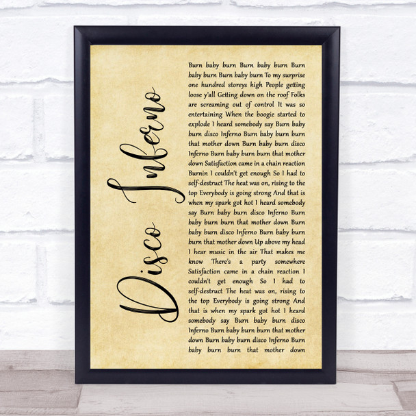 The Trammps Disco Inferno Rustic Script Song Lyric Quote Music Print