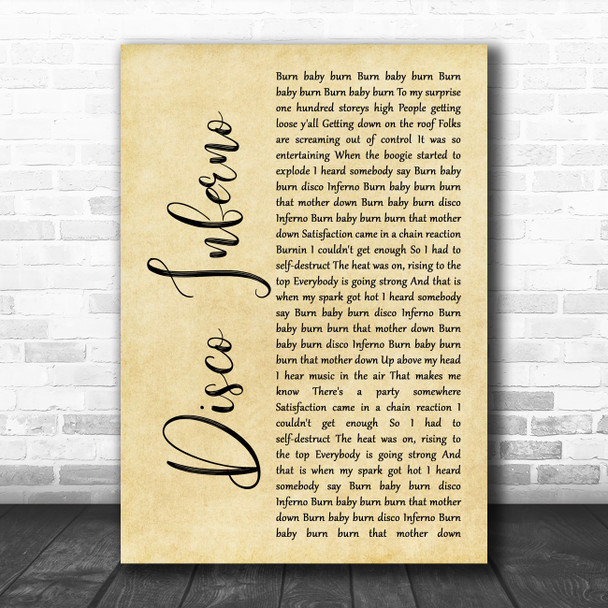 The Trammps Disco Inferno Rustic Script Song Lyric Quote Music Print