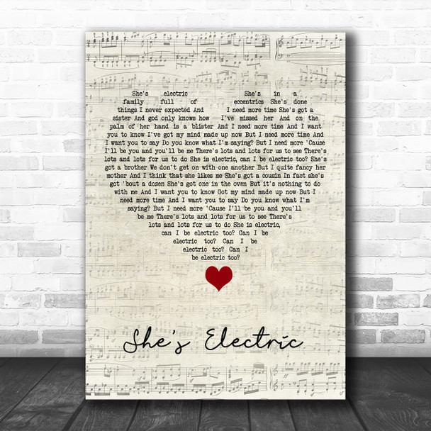 Oasis She's Electric Script Heart Song Lyric Quote Music Print