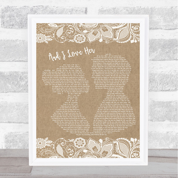 The Beatles And I Love Her Burlap & Lace Song Lyric Music Wall Art Print