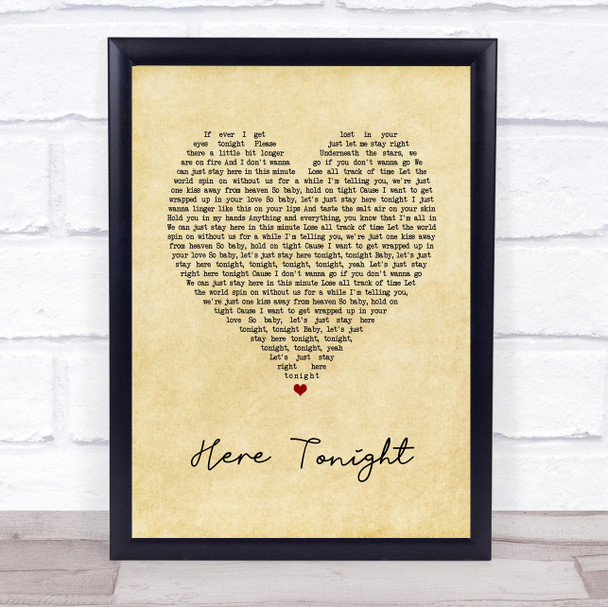 Brett Young Here Tonight Vintage Heart Song Lyric Quote Music Poster Print