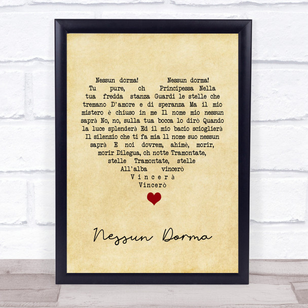 Luciano Pavarotti Nessun Dorma Vintage Heart Song Lyric Quote Music Print