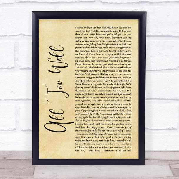 Taylor Swift All Too Well Rustic Script Song Lyric Quote Music Print