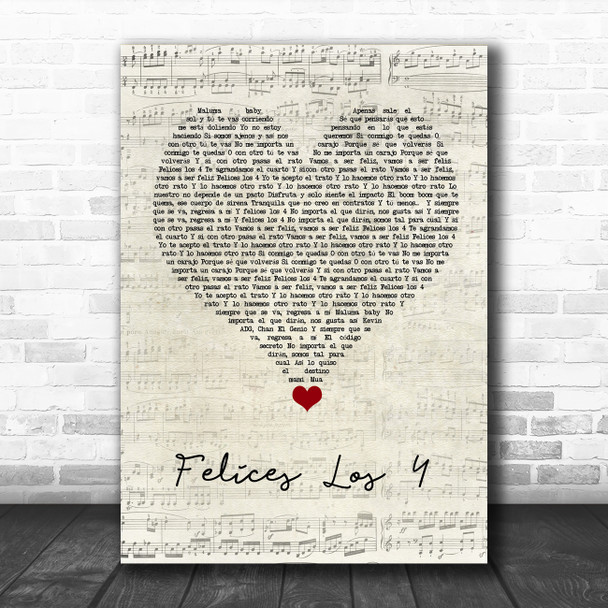 Maluma Felices Los 4 Script Heart Song Lyric Quote Music Print