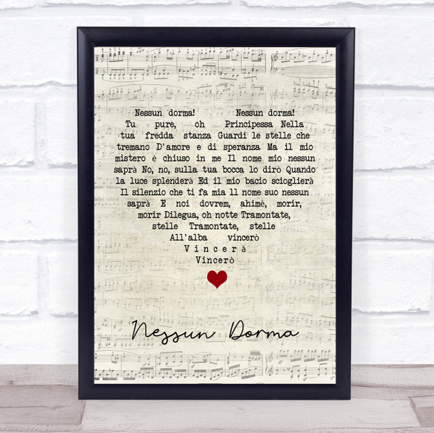 Luciano Pavarotti Nessun Dorma Script Heart Song Lyric Quote Music Print